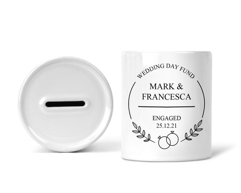 Personalised Wedding Fund Ring Frame Money Box shown as a ceramic keepsake