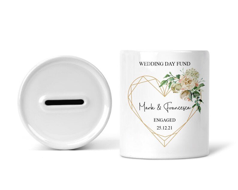 Personalised Wedding Fund Gold Frame Money Box shown as a ceramic keepsake