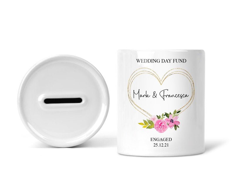 Personalised Wedding Fund Gold Heart Money Box shown as a ceramic keepsake