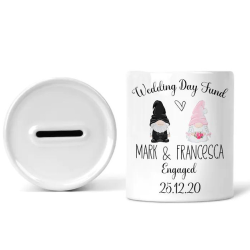 Personalised Wedding Fund Gonk Money Box shown as a ceramic keepsake