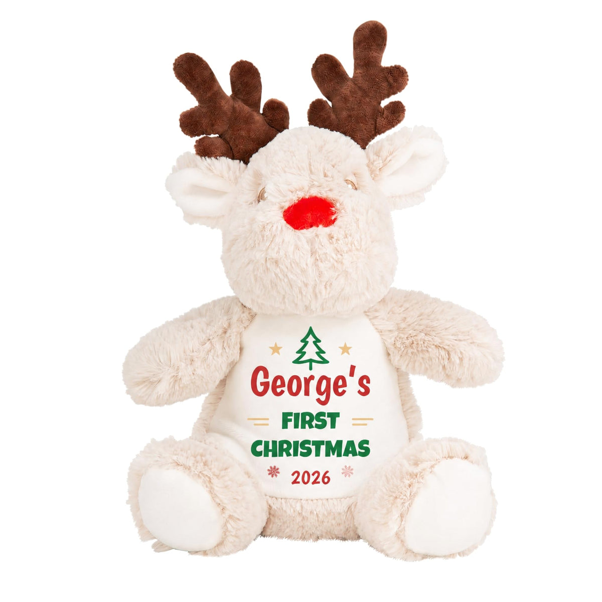 Personalised 1st Christmas Tree and Stars Reindeer Soft Toy showing tree and stars