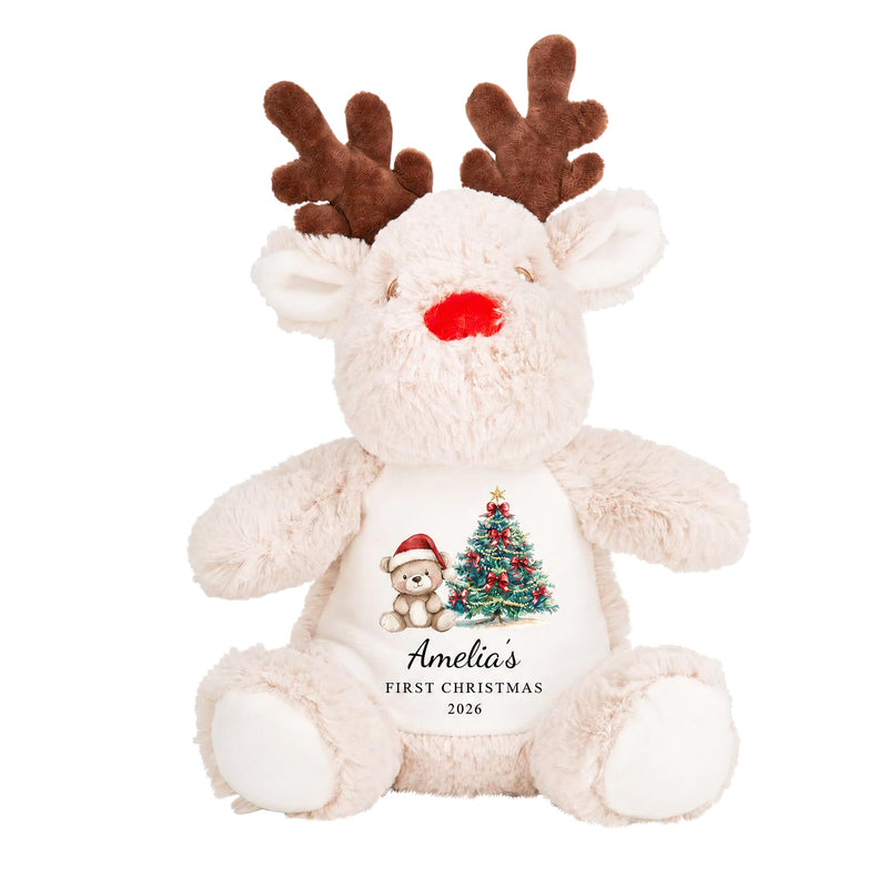 Personalised 1st Christmas Red Teddy Reindeer Soft Toy showing red reindeer