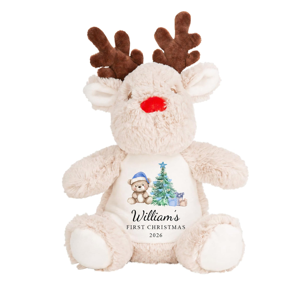 Tan and cream reindeer soft toy with blue teddy and Christmas tree print and personalised name