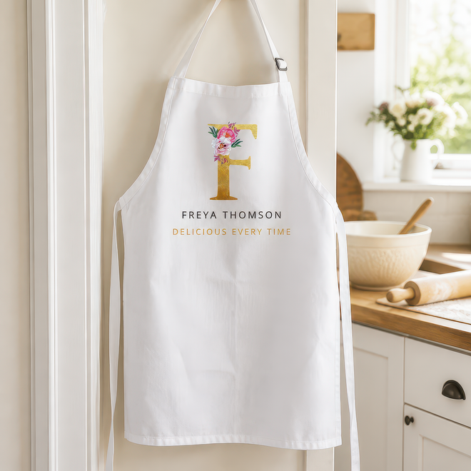 Personalised Floral Initial Apron with Slogan