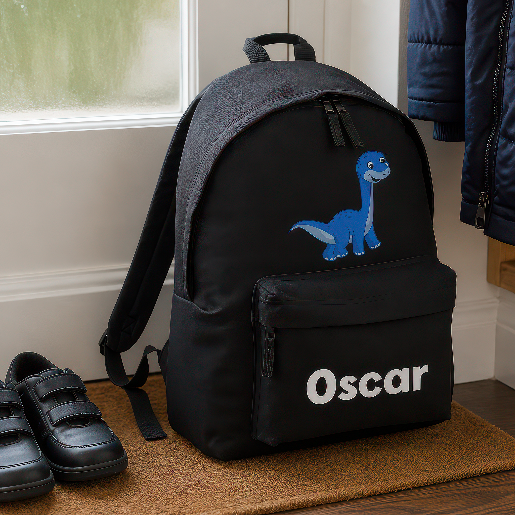 Personalised Blue Dinosaur Kids Backpack with Name - Black - alternative view