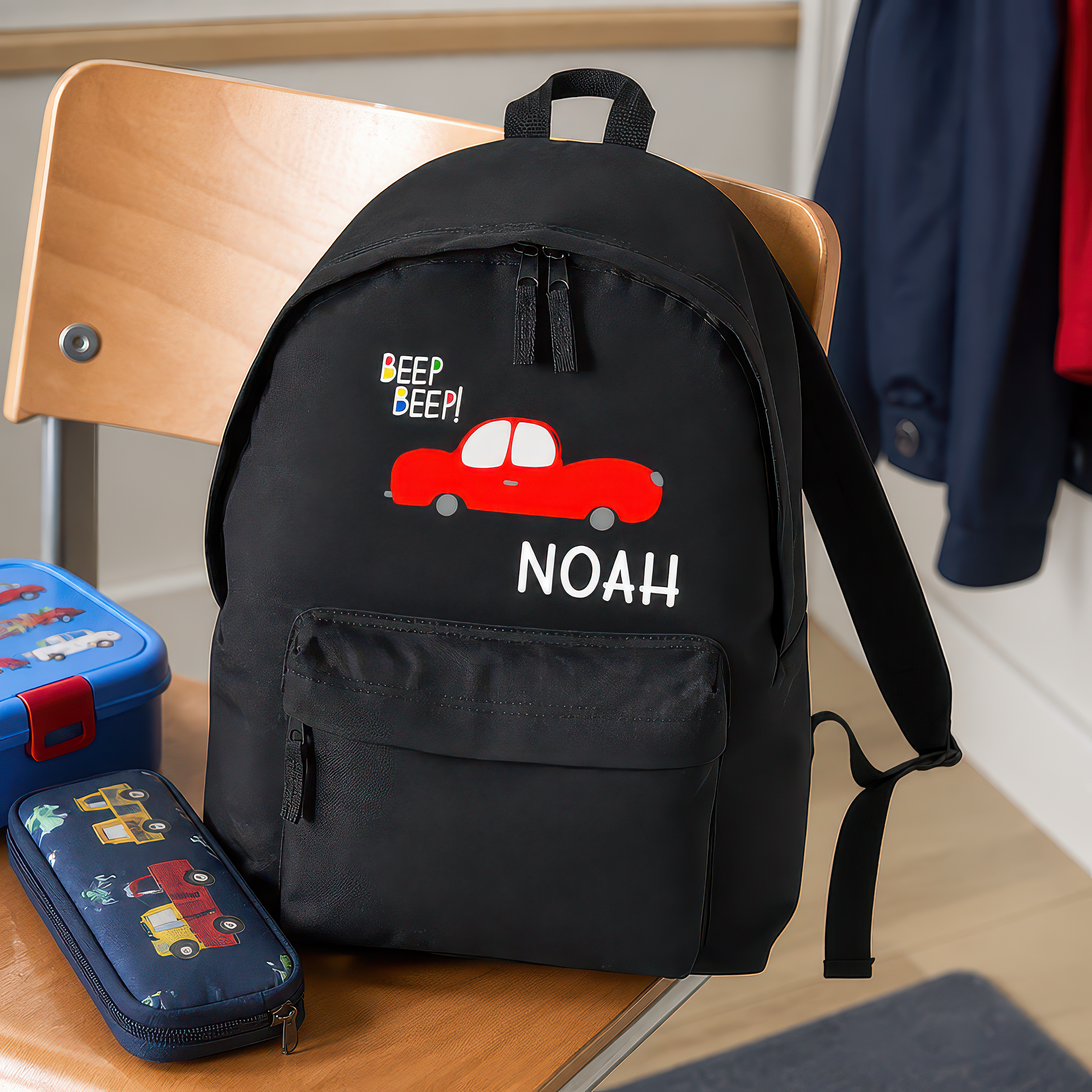 Personalised Beep Beep - Black Kids Backpack with Name - alternative view