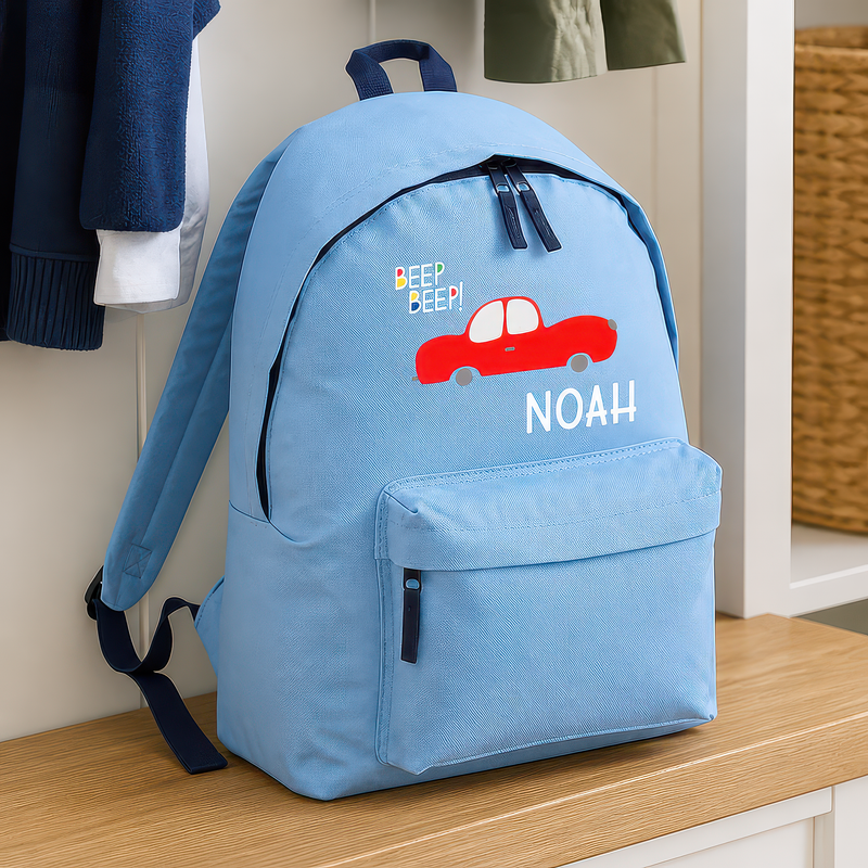Personalised Beep Beep - Blue Kids Backpack with Name - alternative view