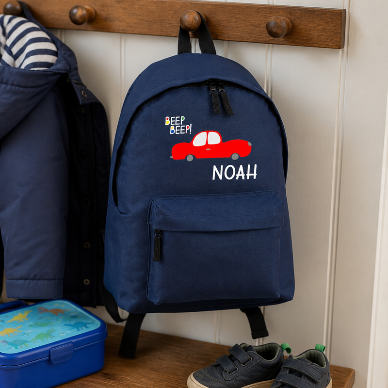 Personalised Beep Beep Car - Navy Kids Backpack with Name