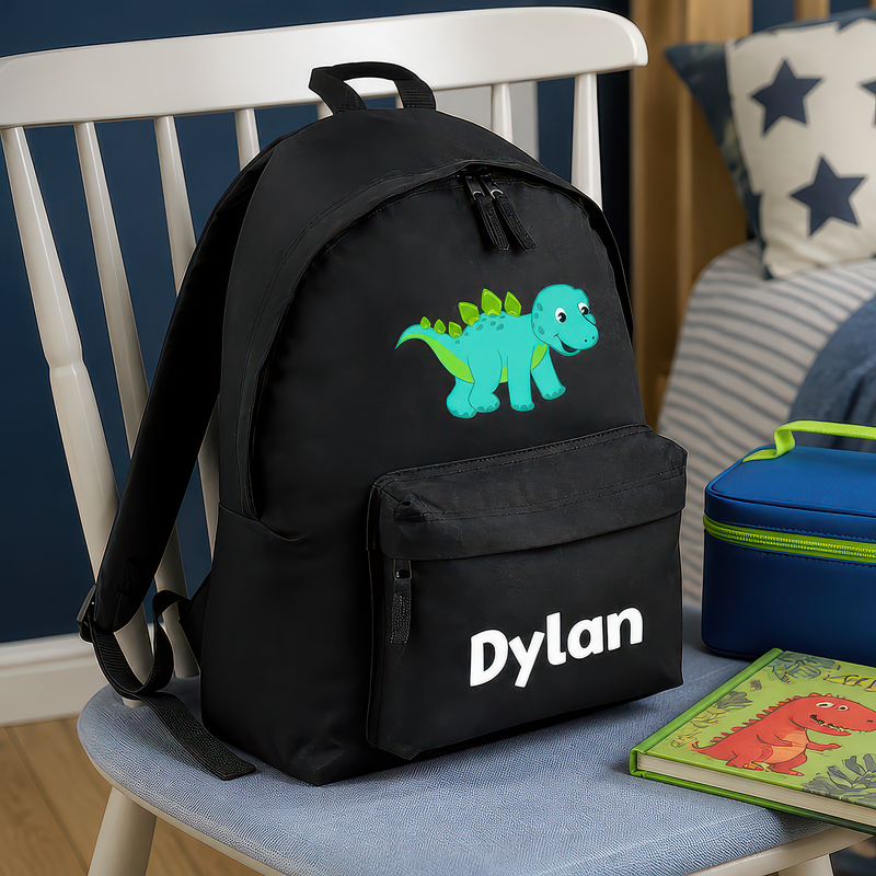 Personalised Cartoon Dinosaur - Black and Turquoise Kids Backpack with Name - alternative view
