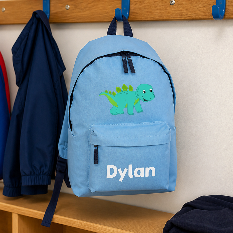 Personalised Cartoon Dinosaur - Light Blue Kids Backpack with Name