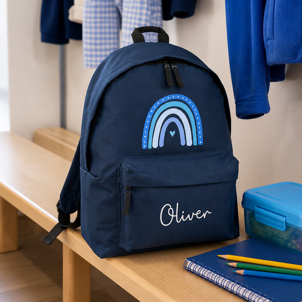 Personalised Blue Rainbow - Navy Kids Backpack with Name
