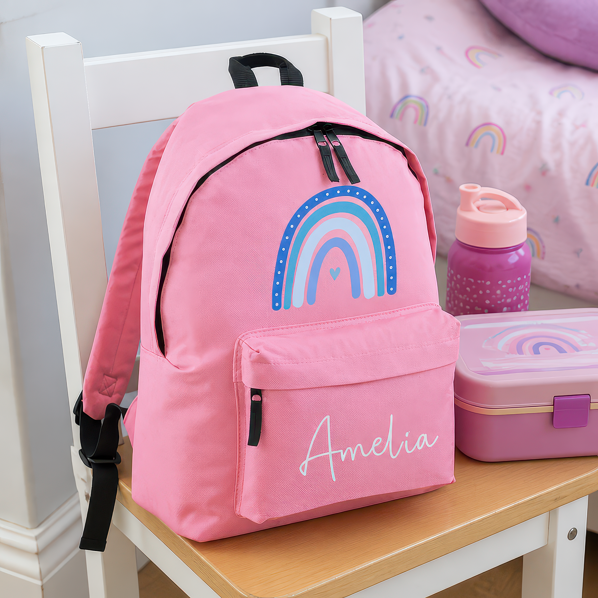 Personalised Rainbow Heart - Pink Kids Backpack with Name - alternative view