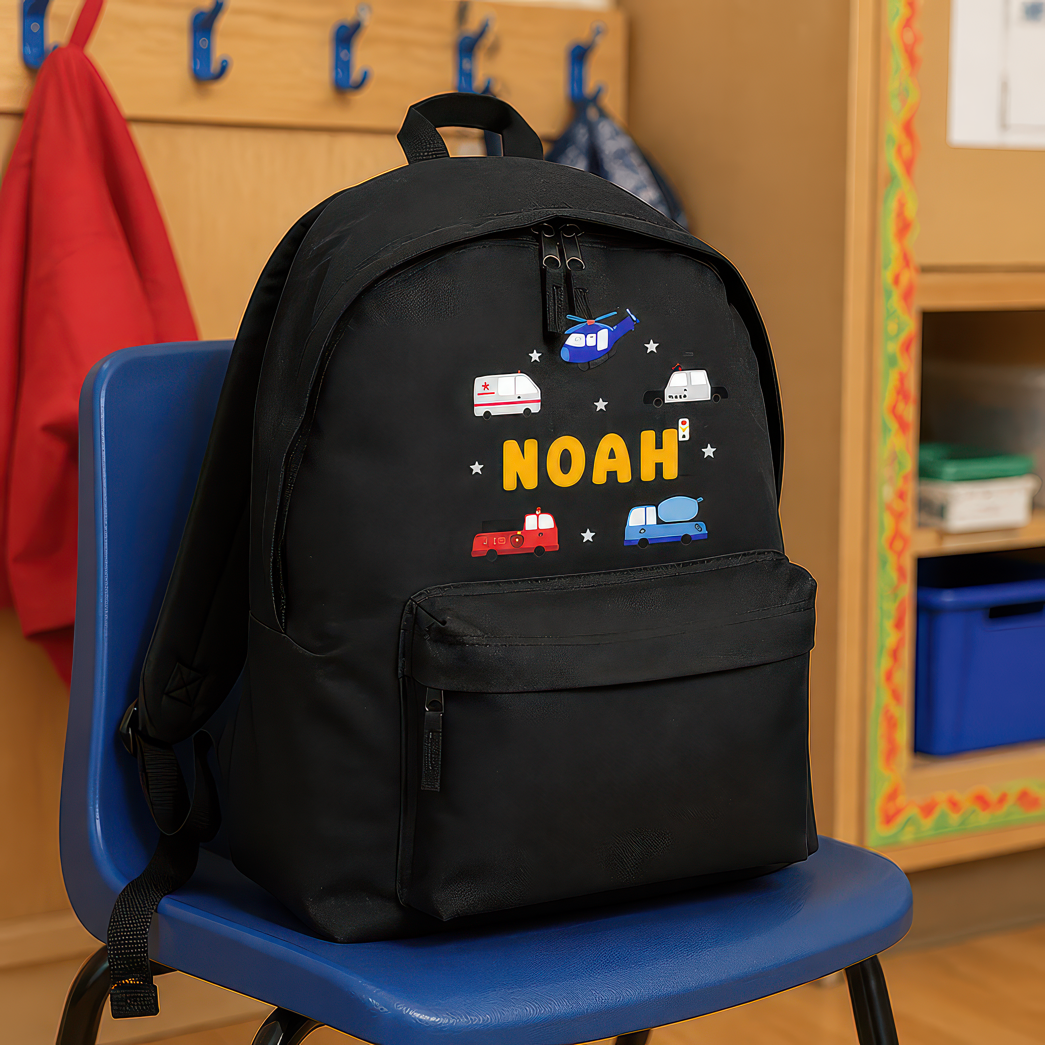 Personalised Emergency Vehicles - Black Kids Backpack with Name - alternative view