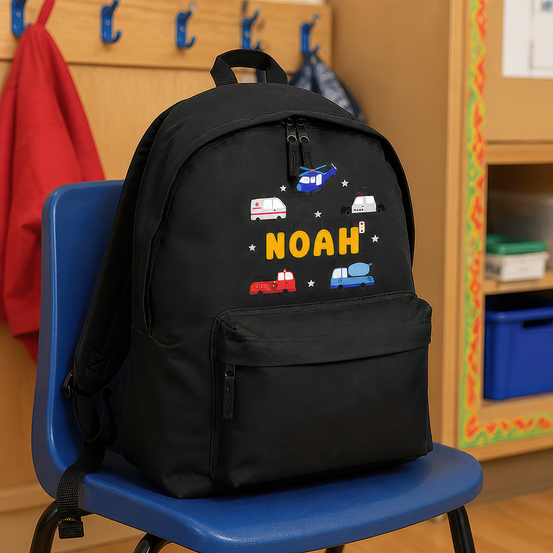 Personalised Emergency Vehicles - Black Kids Backpack with Name - alternative view