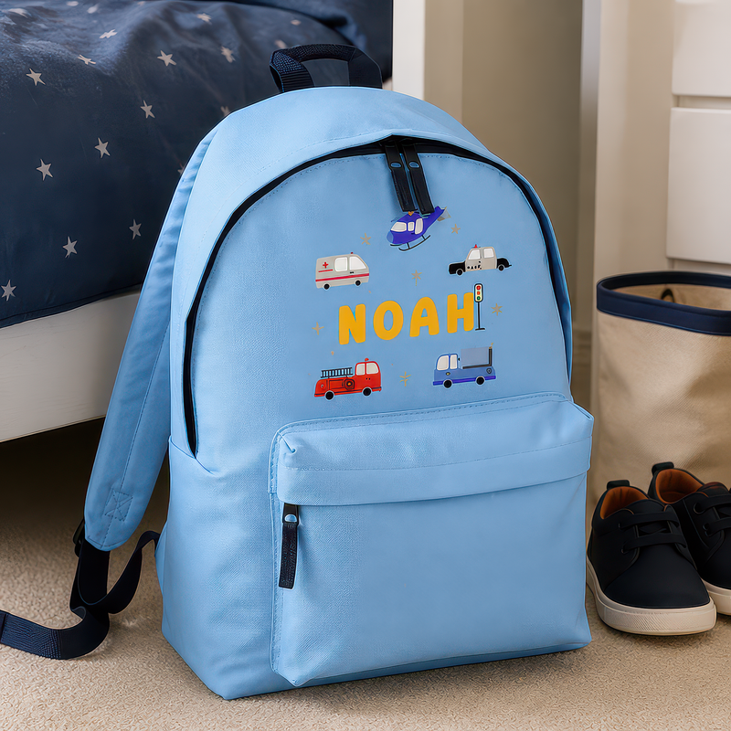 Personalised Vehicles - Blue Kids Backpack with Name - alternative view
