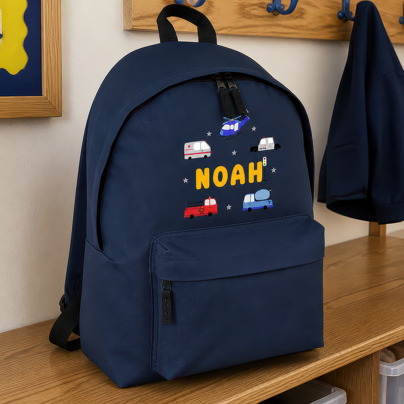 Personalised Vehicles and Stars - Navy Kids Backpack with Name - alternative view