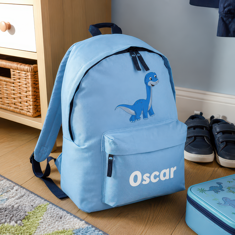 Personalised Cartoon Dinosaur - Blue Kids Backpack with Name - alternative view