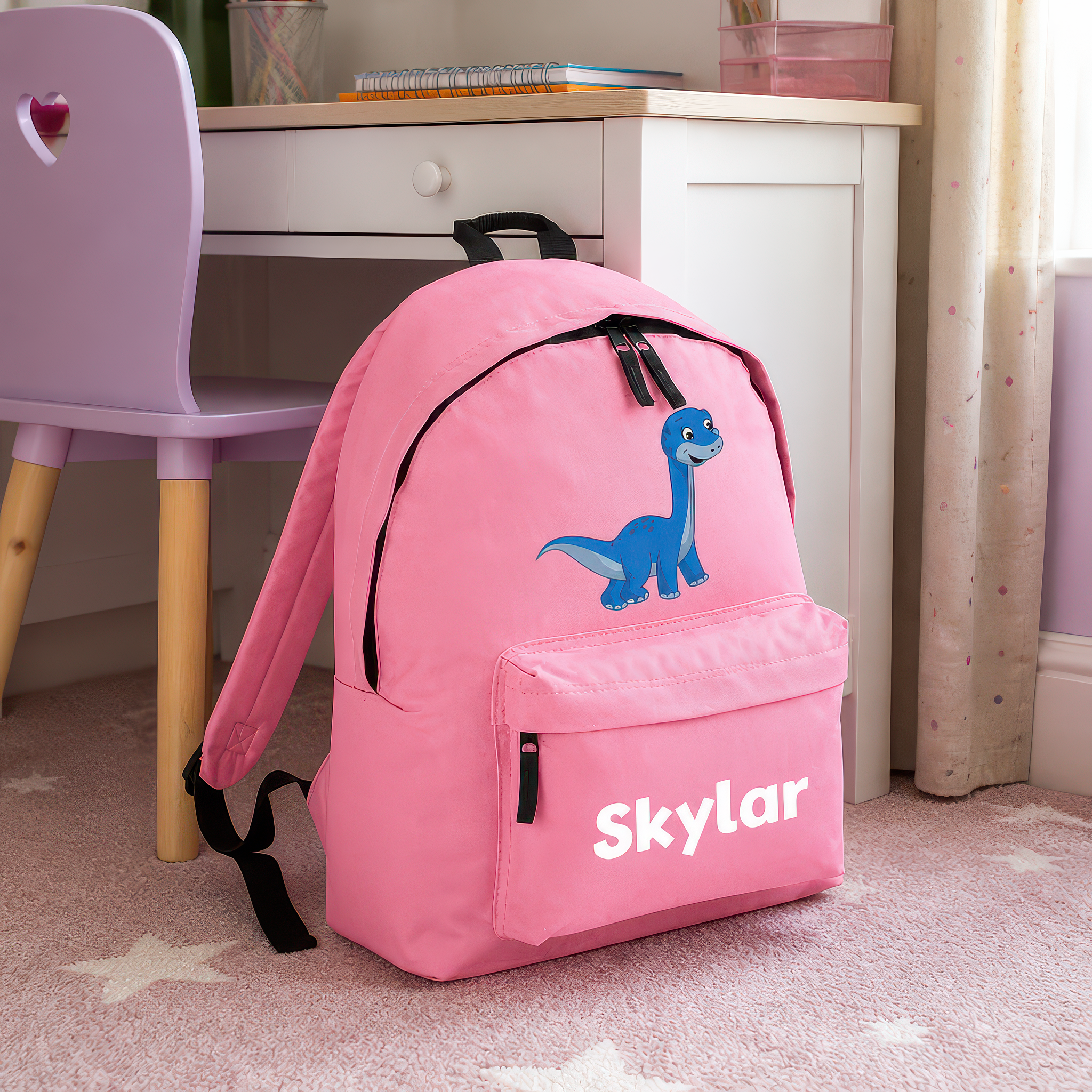 Personalised Cartoon Dinosaur - Pink Kids Backpack with Name - Small - alternative view