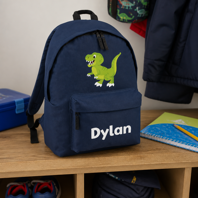 Personalised Cartoon Dinosaur - Navy Kids Backpack with Name