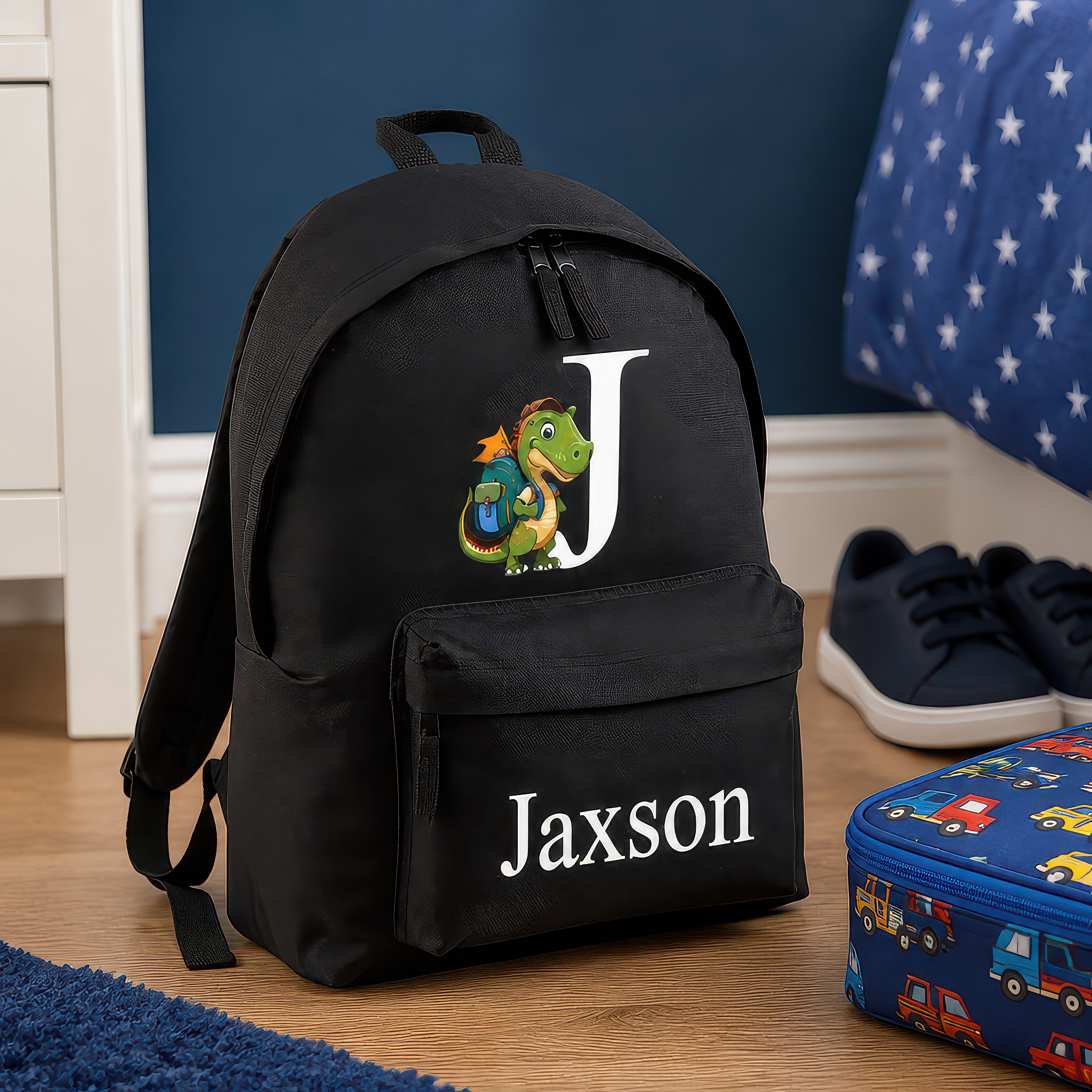 Personalised Dinosaur Initial - Black Kids Backpack with Name and Initial - alternative view