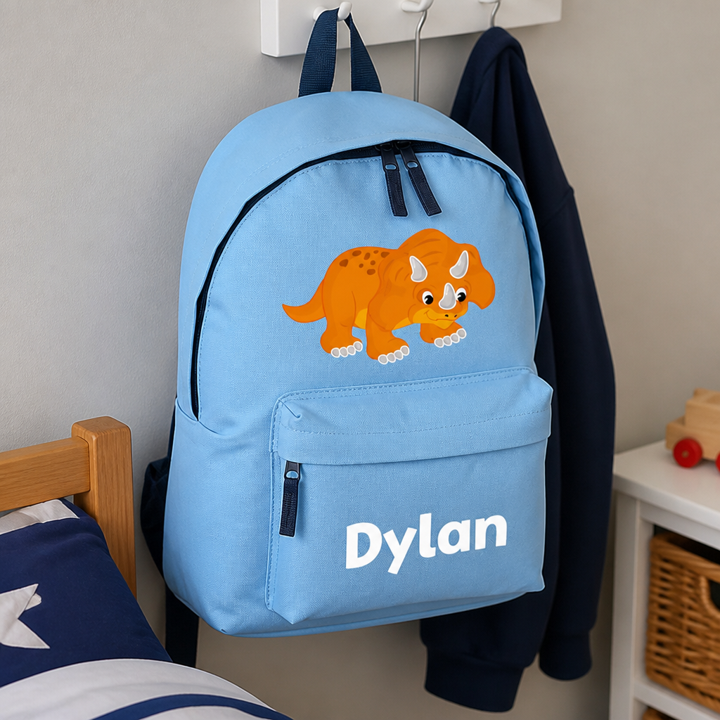 Personalised Dinosaur - Light Blue Kids Backpack with Name