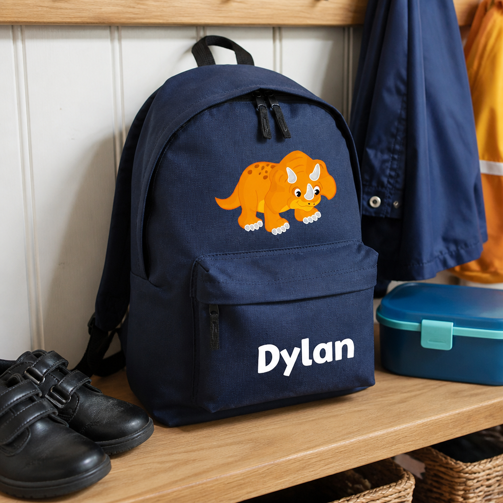 Personalised Dinosaur - Navy Kids Backpack with Name - Small