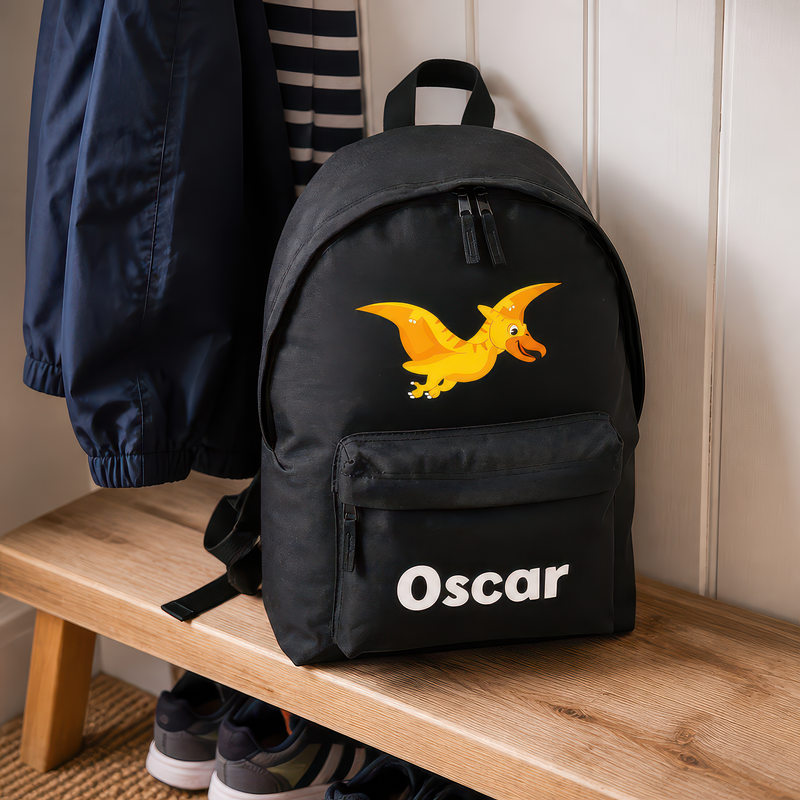 Personalised Flying Dinosaur - Black Kids Backpack with Name - alternative view