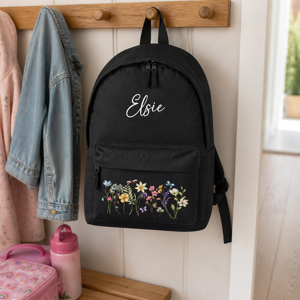 Personalised Floral - Black Kids Backpack with Name