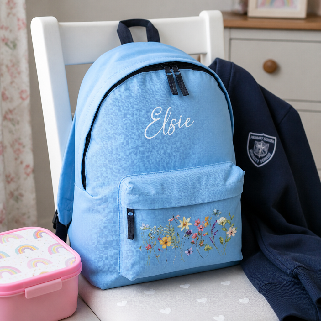 Personalised Wildflower - Light Blue Kids Backpack with Name