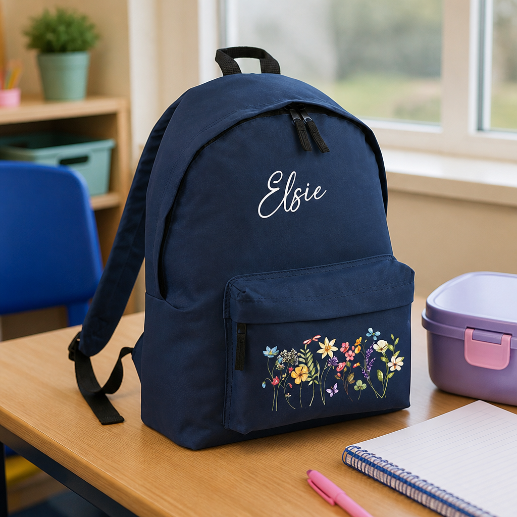 Personalised Floral - Navy Kids Backpack with Name