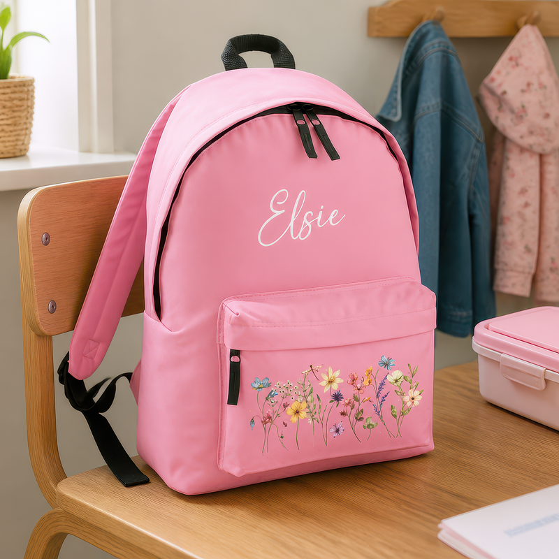 Personalised Wildflower Floral - Pink Kids Backpack with Name - alternative view