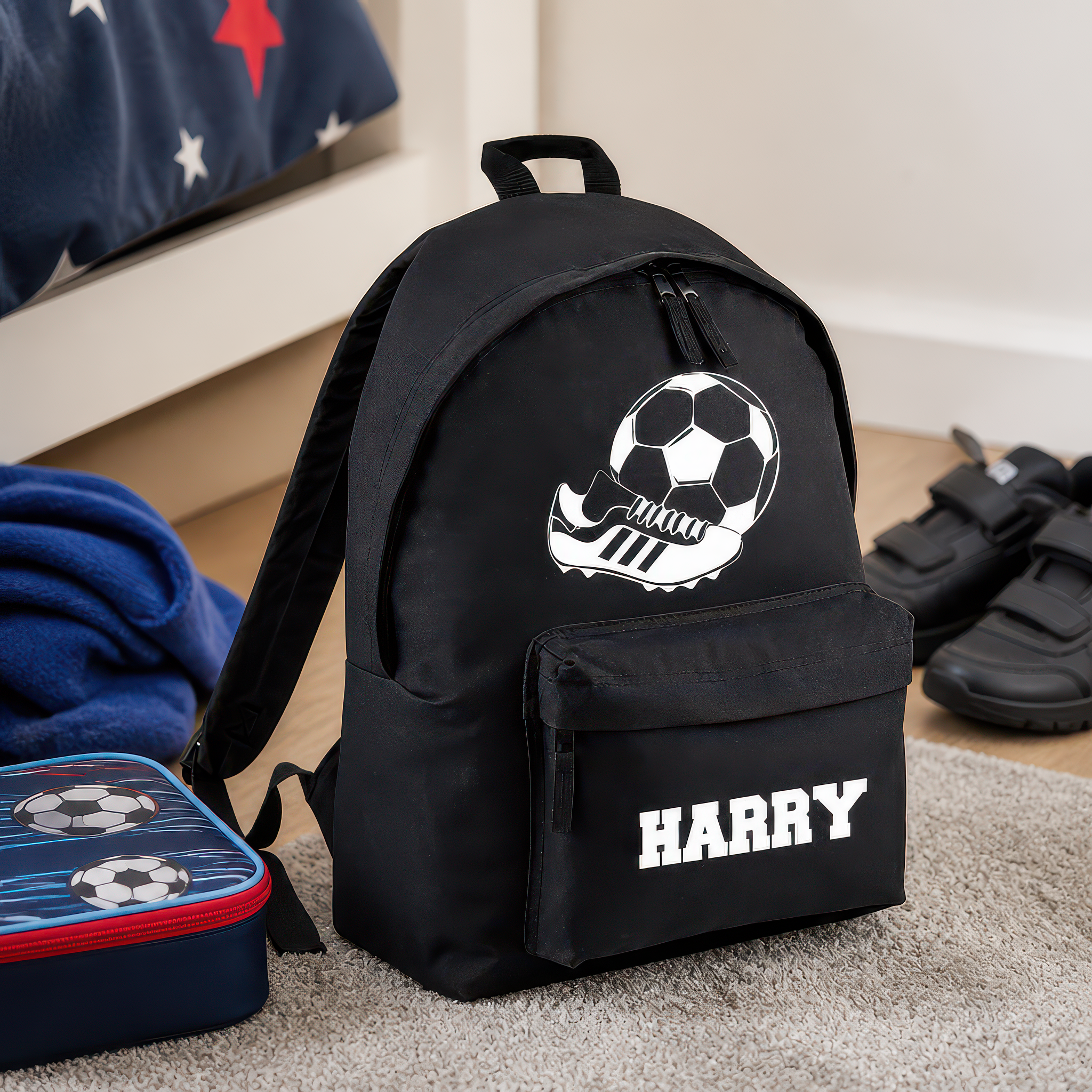 Personalised Football - Black Kids Backpack with Name - alternative view