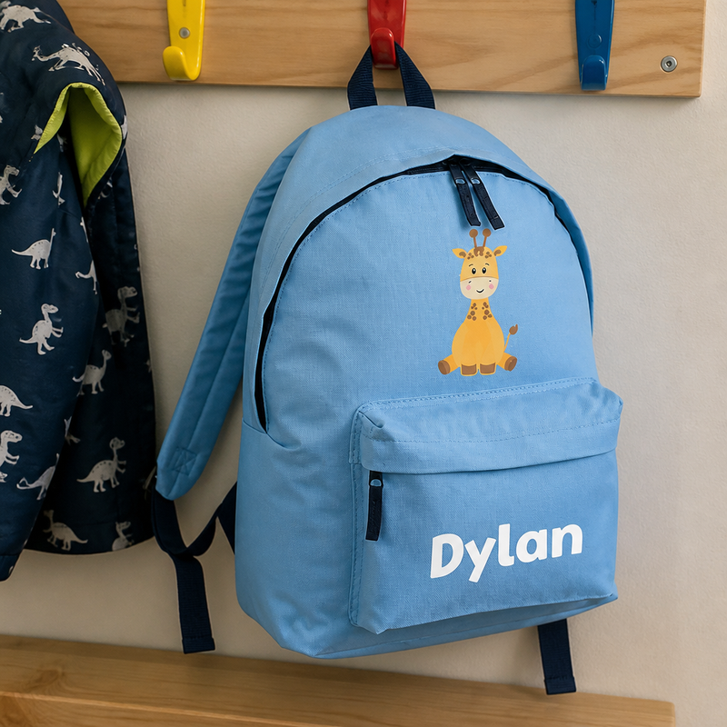 Personalised Giraffe - Light Blue Kids Backpack with Name
