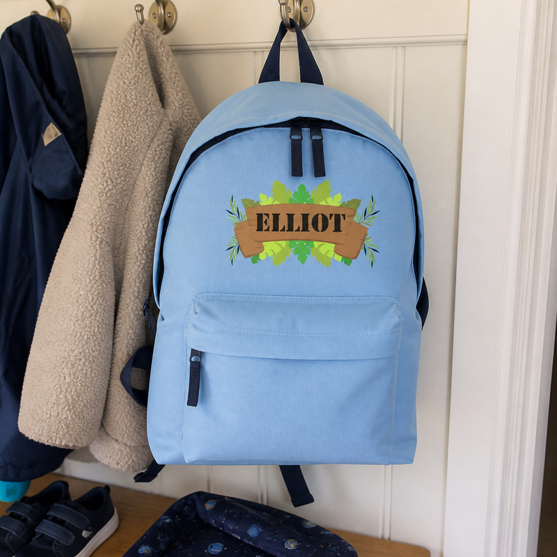Personalised Jungle Leaves Banner - Light Blue Kids Backpack with Name