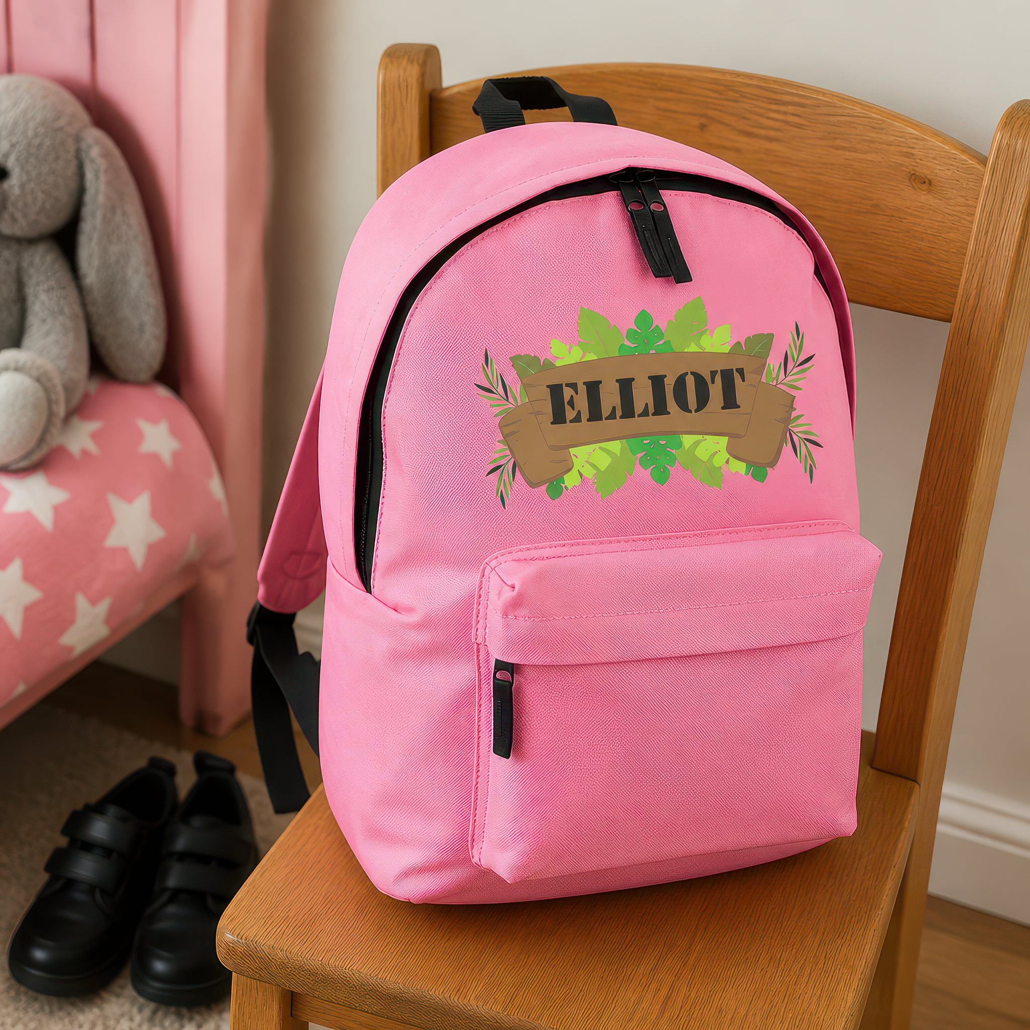Personalised Jungle Leaves Banner - Pink Kids Backpack with Name - alternative view