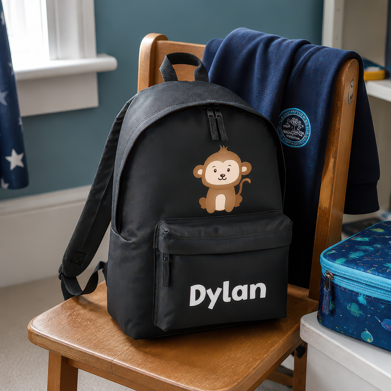 Personalised Monkey - Black Kids Backpack with Name - alternative view