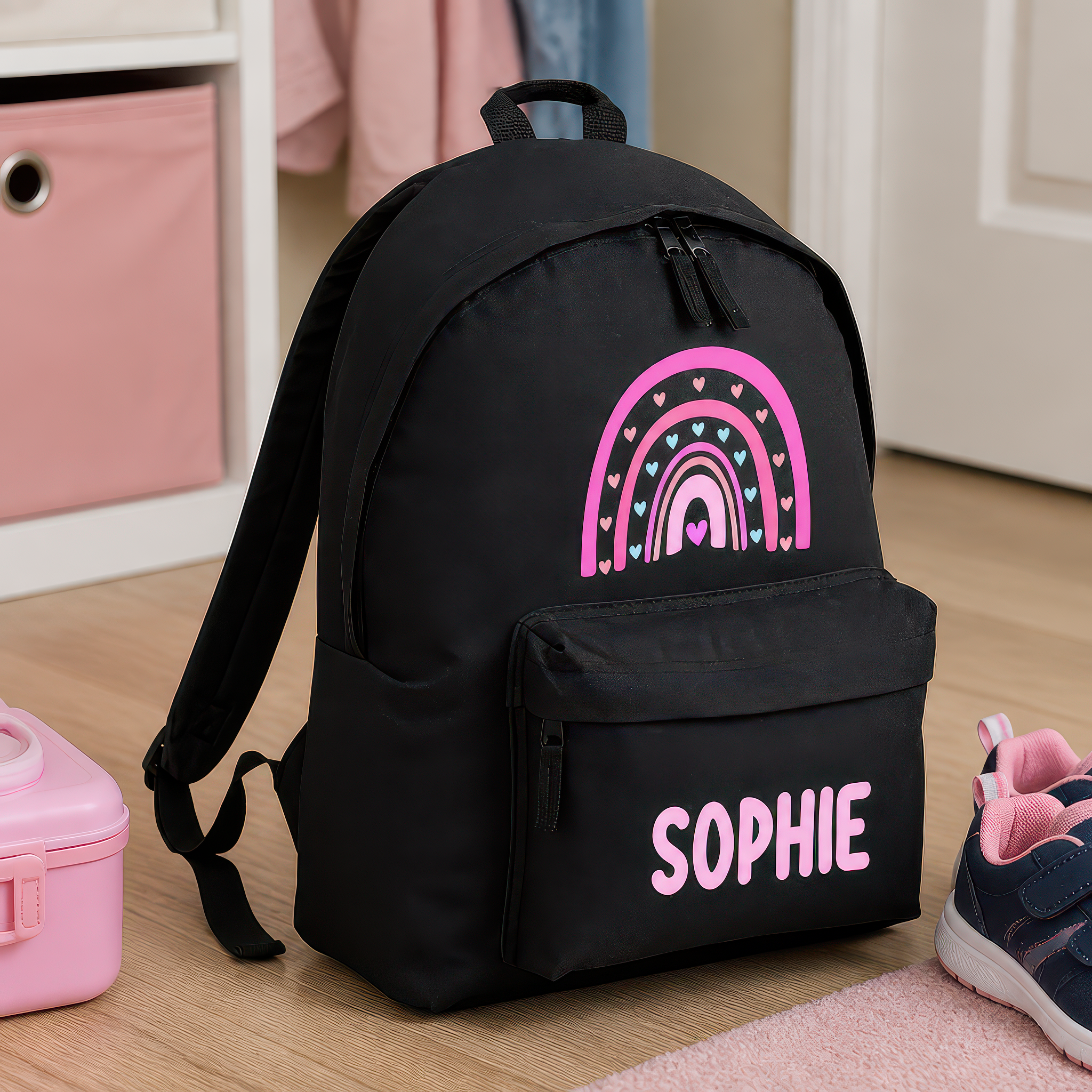 Personalised Pink Rainbow Hearts - Black Kids Backpack with Name - alternative view