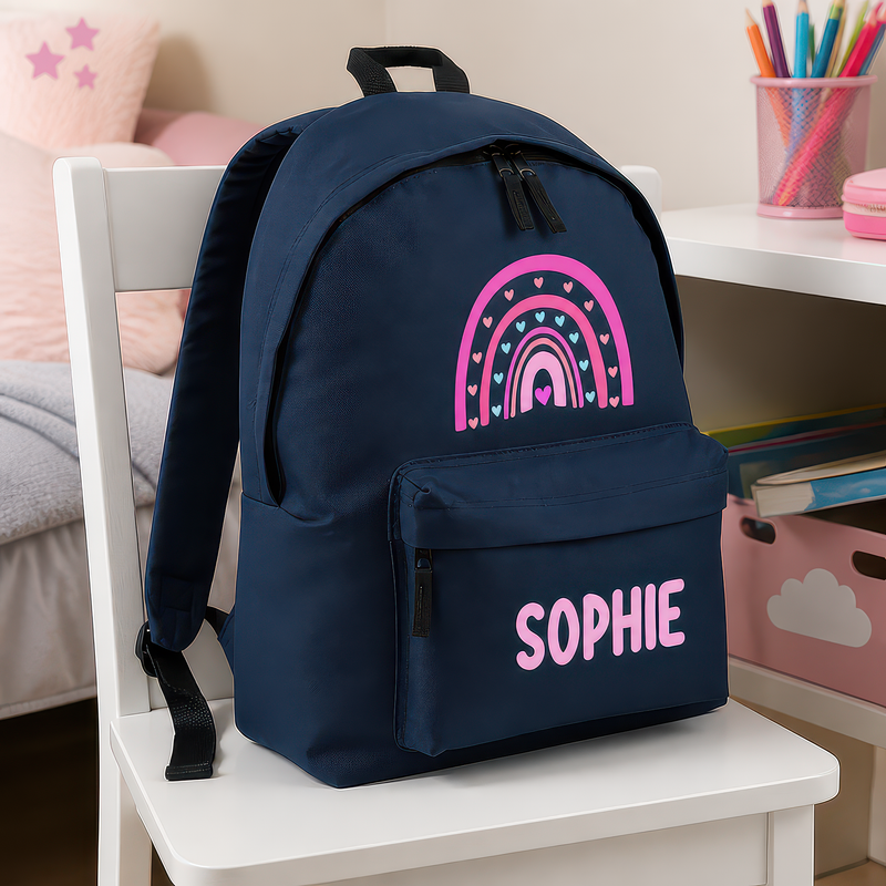 Personalised Rainbow Hearts - Navy Kids Backpack with Name - alternative view