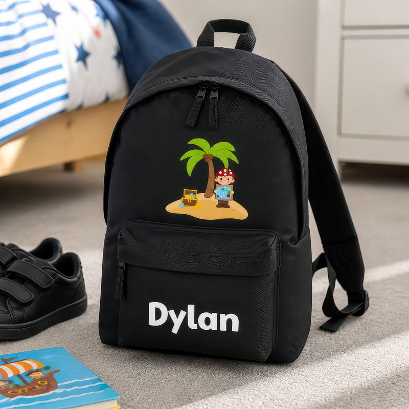 Personalised Pirate Island - Black Kids Backpack with Name - alternative view