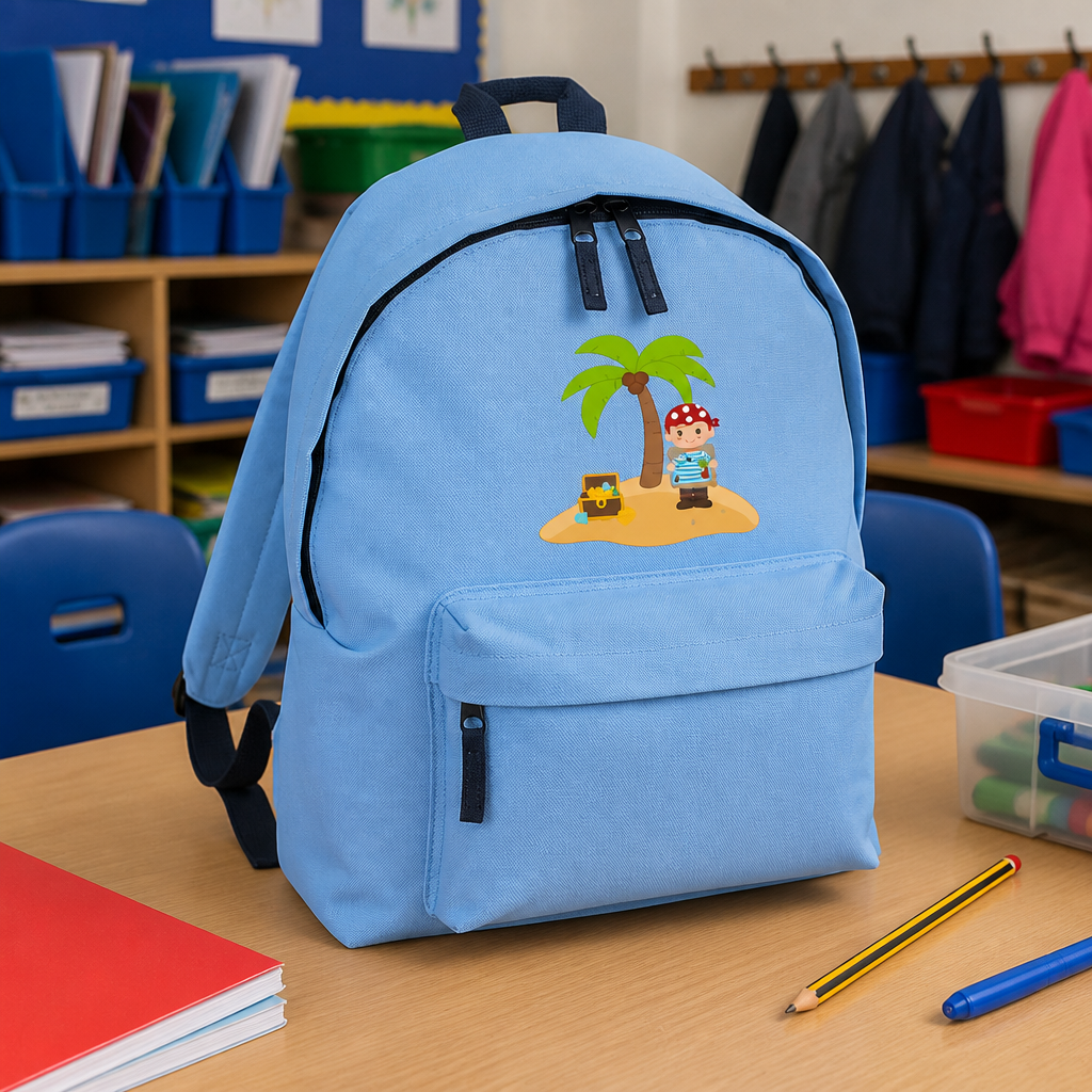 Personalised Pirate Island - Light Blue Kids Backpack with Name