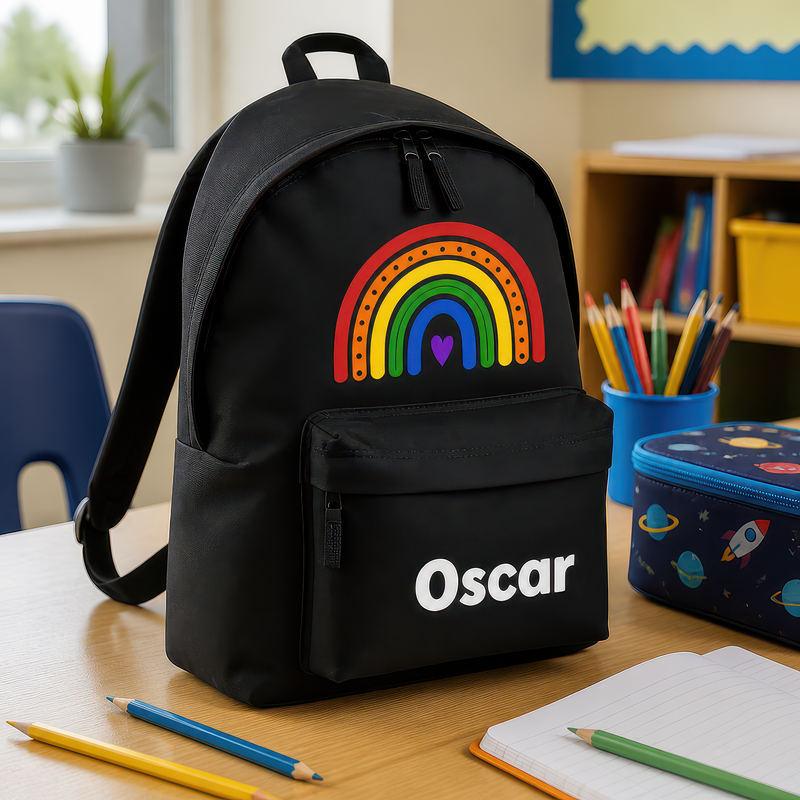 Personalised Rainbow Heart - Black Kids Backpack with Name - alternative view