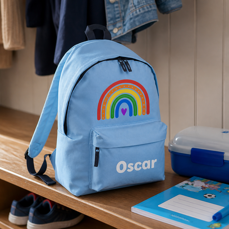 Personalised Rainbow Heart - Light Blue Backpack Kids Backpack with Name