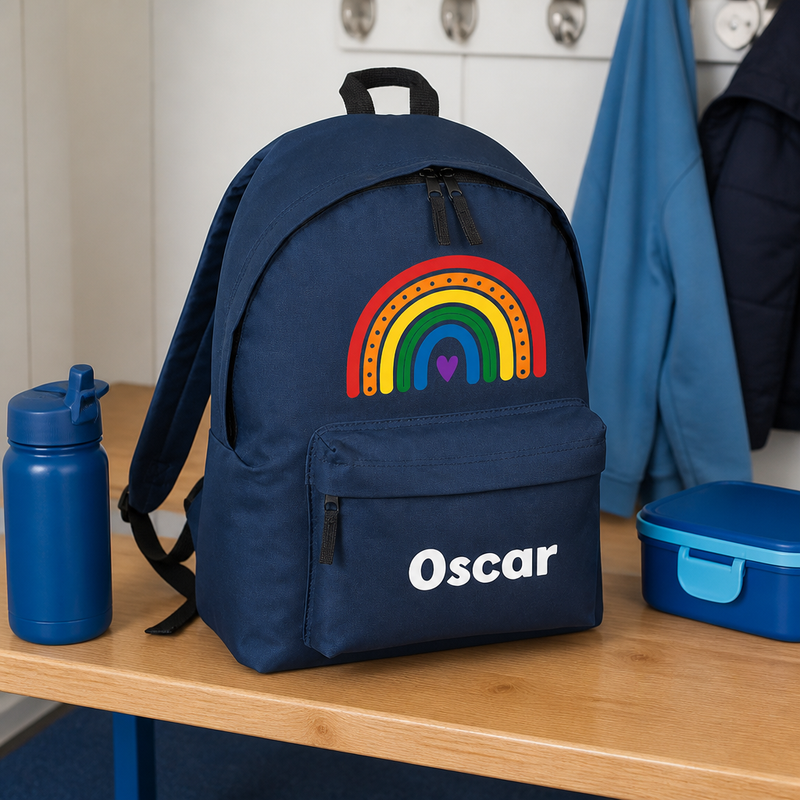 Personalised Rainbow Heart - Navy Kids Backpack with Name