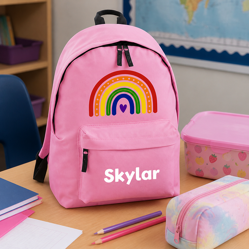 Personalised Rainbow Heart - Pink Kids Backpack with Name - Small