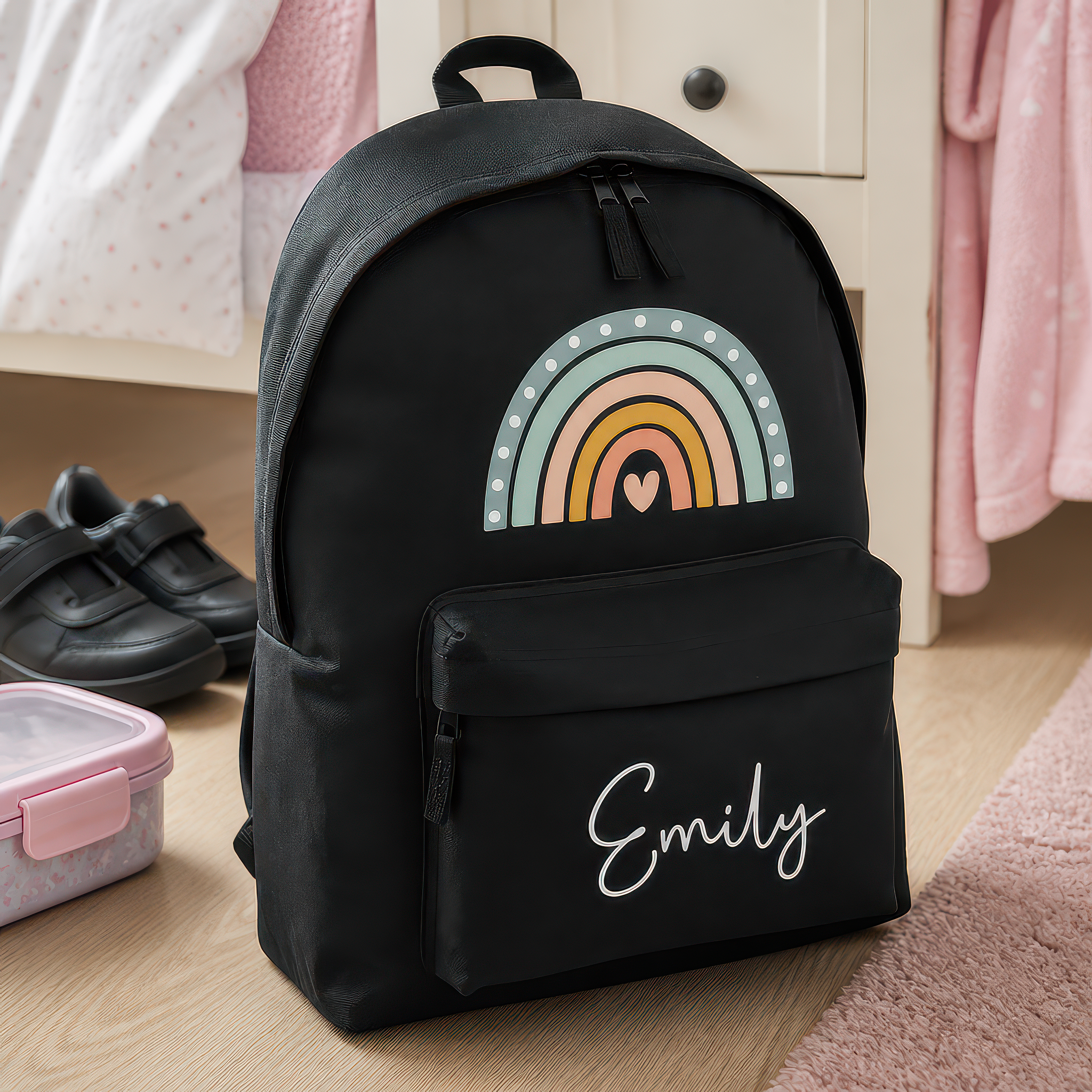Personalised Boho Rainbow - Black Kids Backpack with Name - alternative view