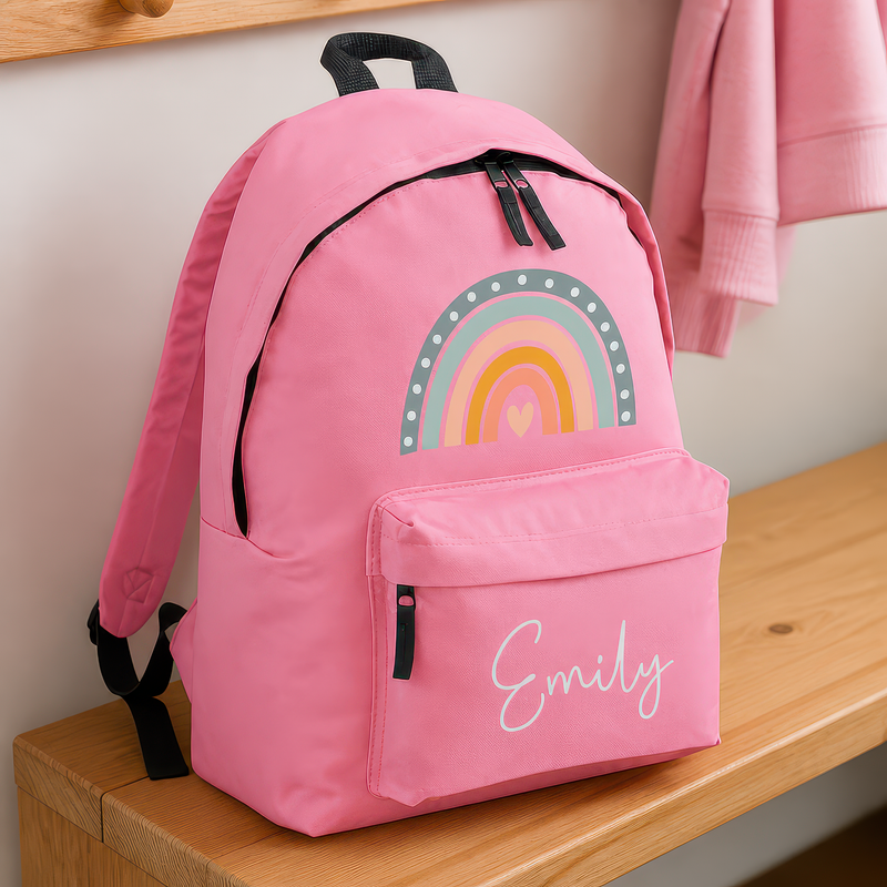 Personalised Boho Rainbow Heart - Pink Kids Backpack with Name - alternative view