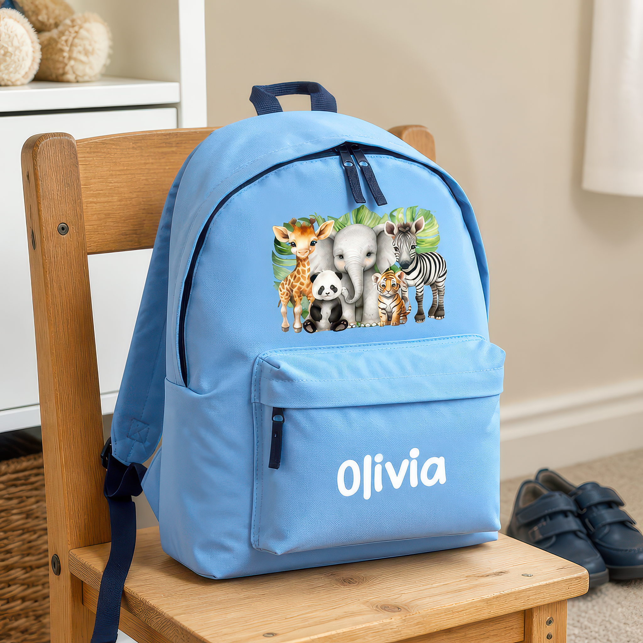 Personalised Safari Animals - Blue Kids Backpack with Name - alternative view