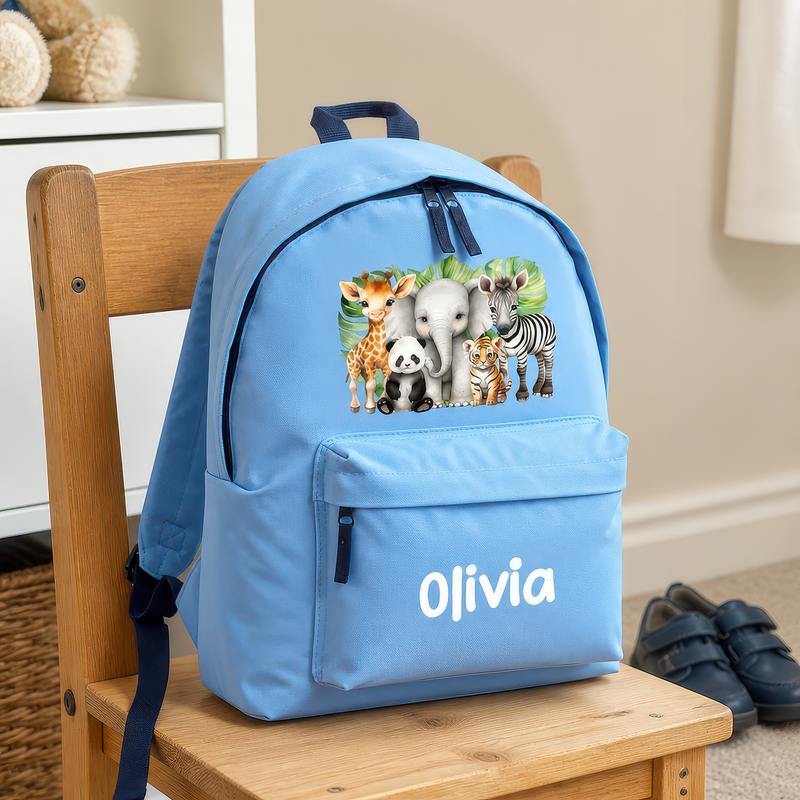 Personalised Safari Animals - Blue Kids Backpack with Name - alternative view
