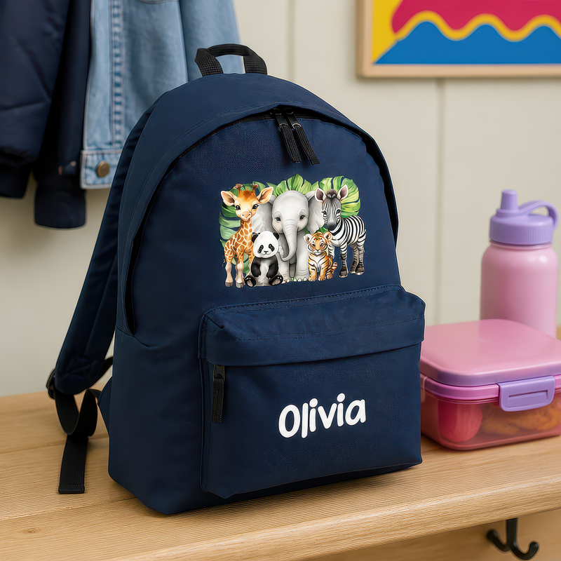 Personalised Safari Animals - Navy Kids Backpack with Name - alternative view
