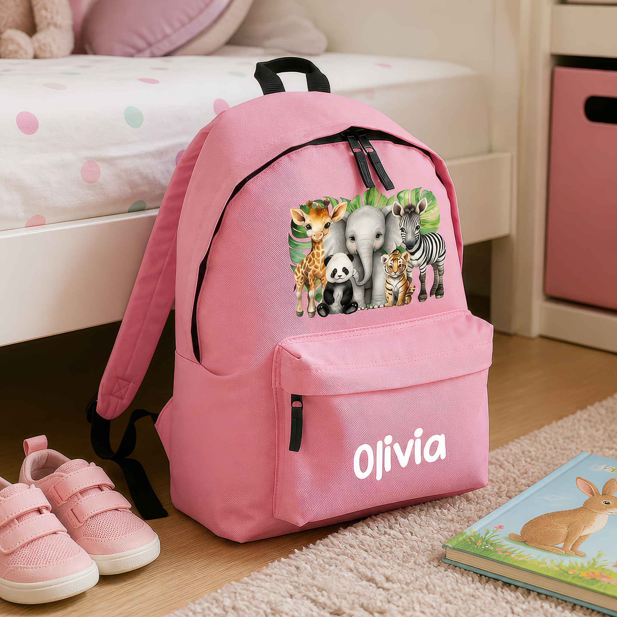 Personalised Safari Animals - Pink Kids Backpack with Name - alternative view